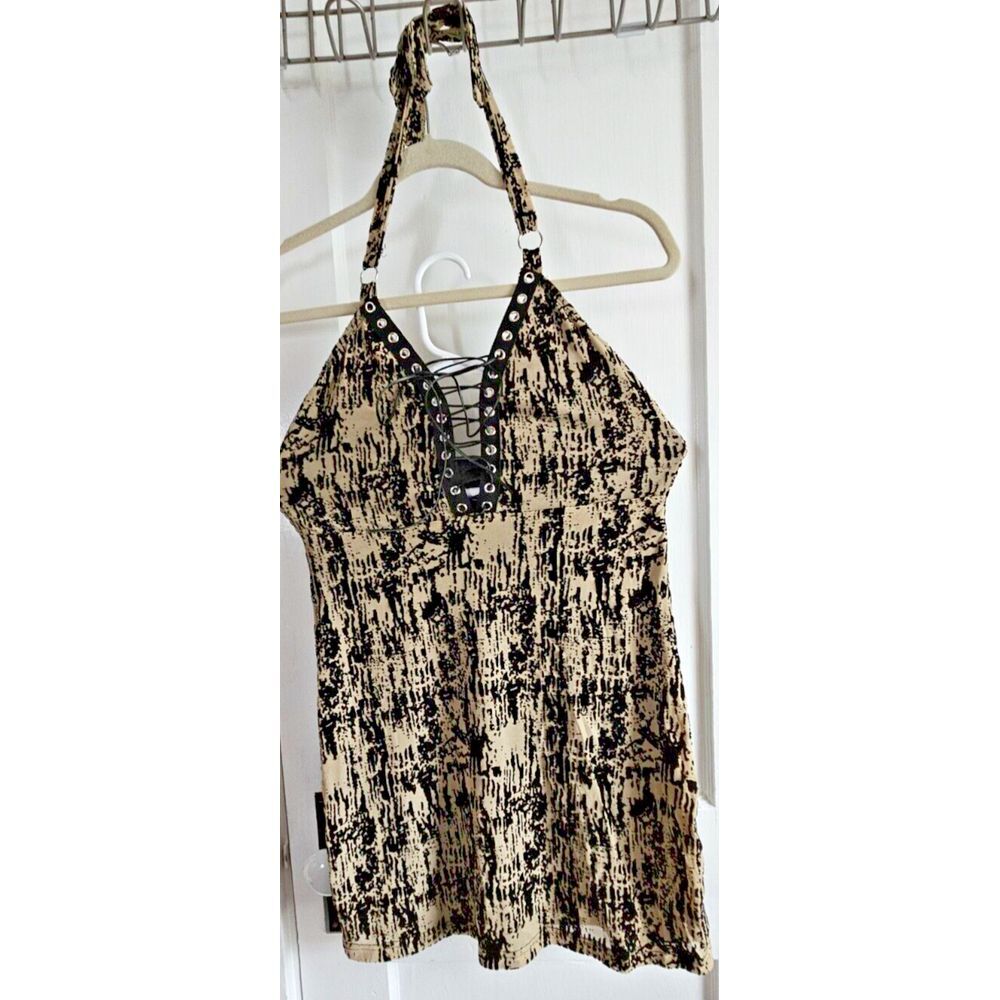SHEIN crisscross V neck halter  black burn out tan dress fully lined‎ women Sz 6